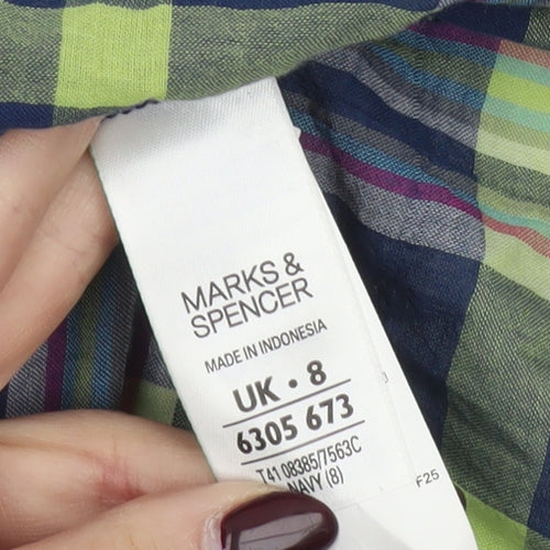 Marks and Spencer Women’s Blue Plaid Button-Up Shirt UK 8 Long Sleeve Cotton
