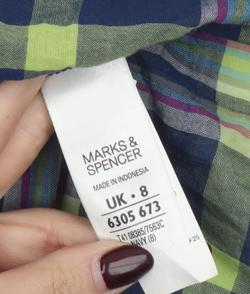 Marks and Spencer Women’s Blue Plaid Button-Up Shirt UK 8 Long Sleeve Cotton