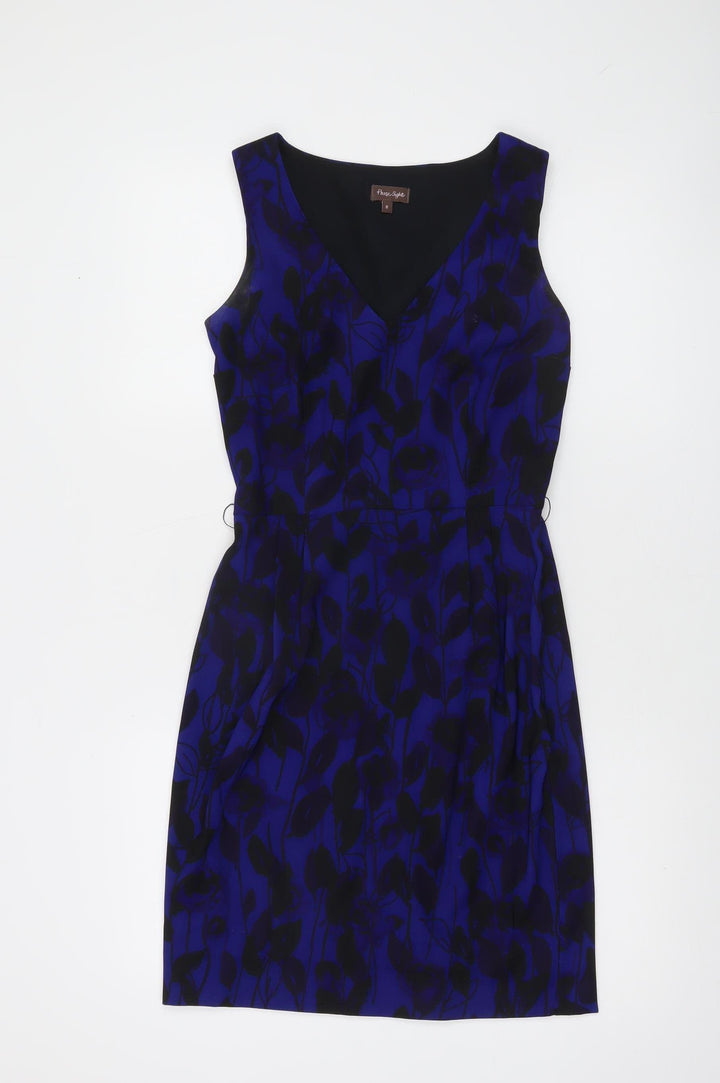 Phase Eight Women Blue Floral Sheath Dress Size 8 Sleeveless Knee Length