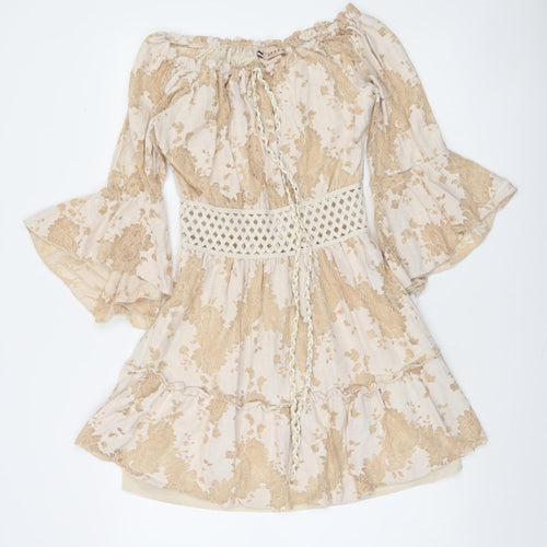 Azaka Paris Women Beige Floral Lace Off Shoulder Bohemian Short Dress M