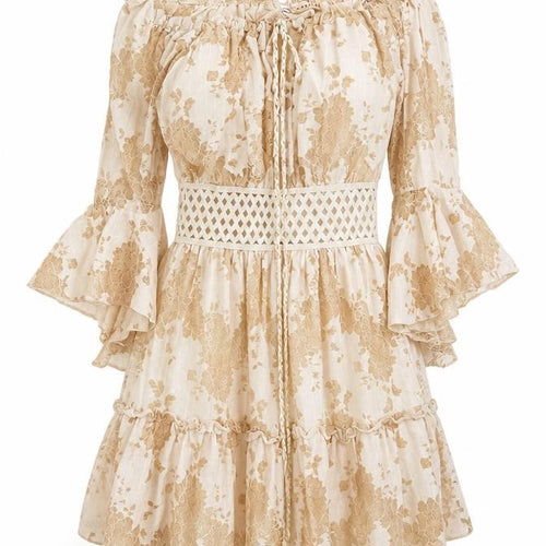 Azaka Paris Women Beige Floral Lace Off Shoulder Bohemian Short Dress M