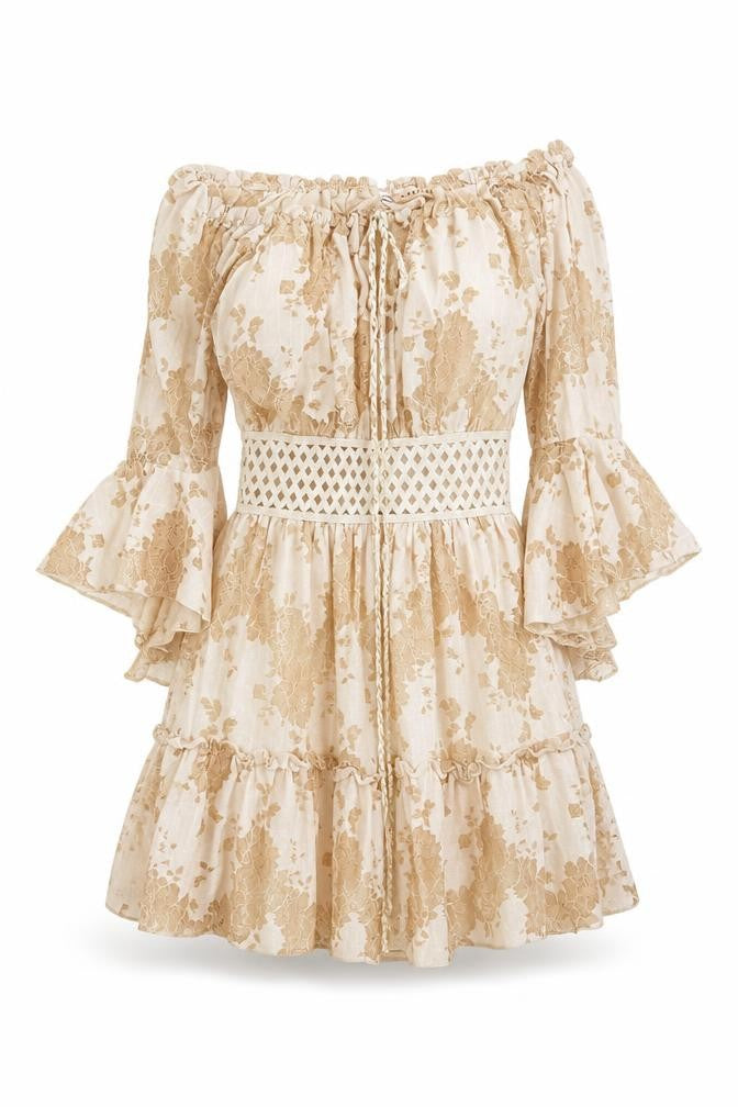 Azaka Paris Women Beige Floral Lace Off Shoulder Bohemian Short Dress M