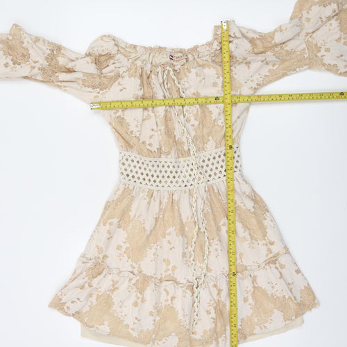 Azaka Paris Women Beige Floral Lace Off Shoulder Bohemian Short Dress M
