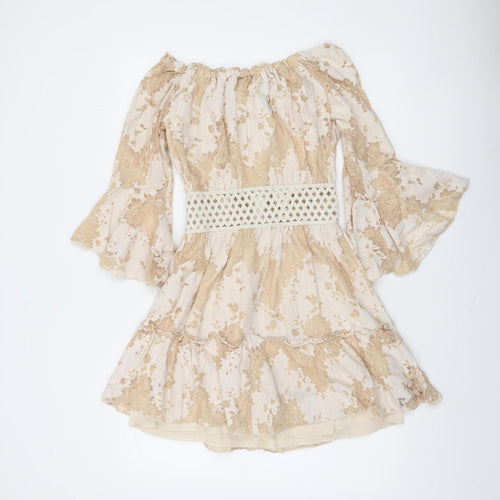 Azaka Paris Women Beige Floral Lace Off Shoulder Bohemian Short Dress M