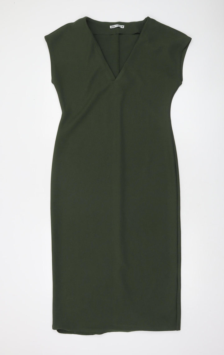 Zara Women Green Sheath V-Neck Sleeveless Knee-Length Dress Size 16