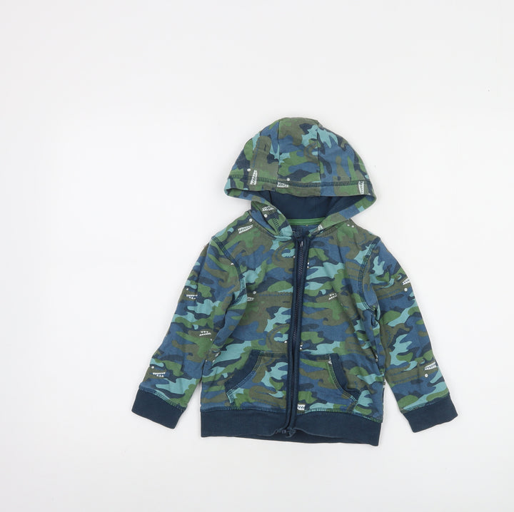 Mothercare Boys Green Blue Camouflage Full Zip Hoodie 2-3 Years Cotton Blend