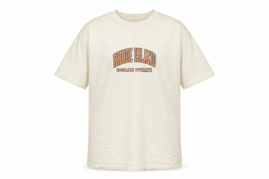 Front view of Gold Basics Label Men's Beige Rhode Island Graphic T-Shirt, size L