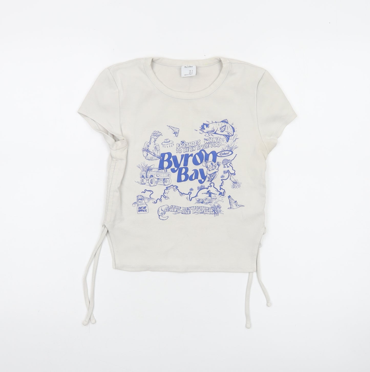 Bershka Women Beige Cropped T-Shirt M Byron Bay Graphic Tee