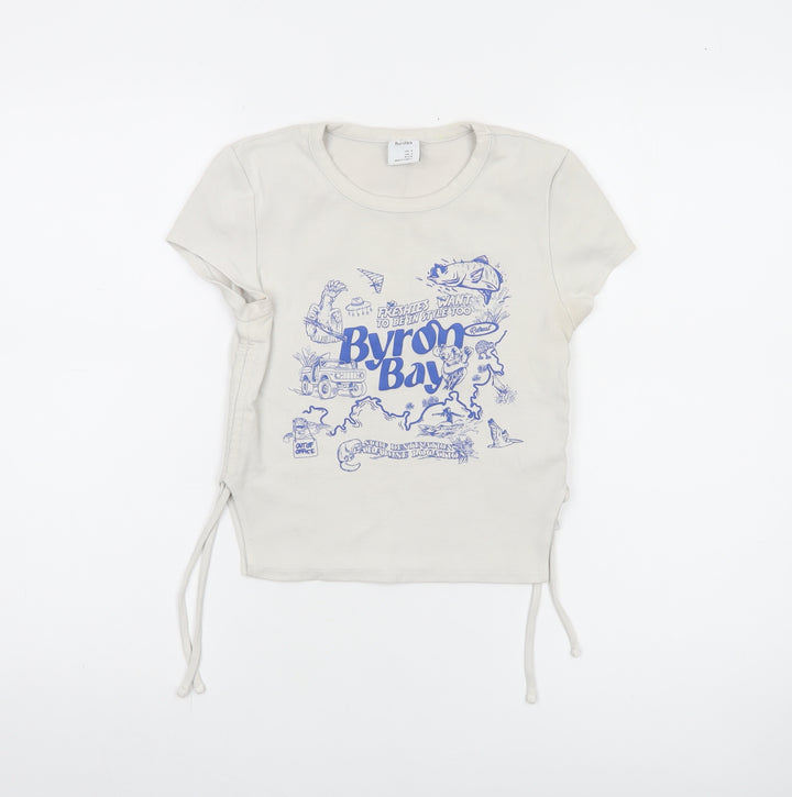 Bershka Women Beige Cropped T-Shirt M Byron Bay Graphic Tee