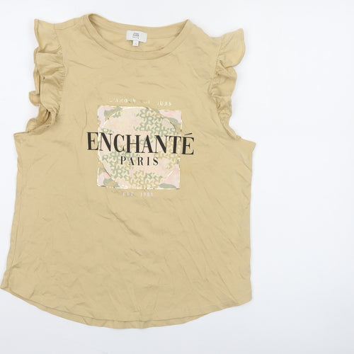 River Island Petite Beige Ruffle Sleeve Graphic T-Shirt Womens Size 12