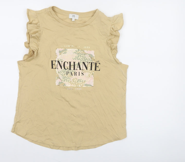 River Island Petite Beige Ruffle Sleeve Graphic T-Shirt Womens Size 12