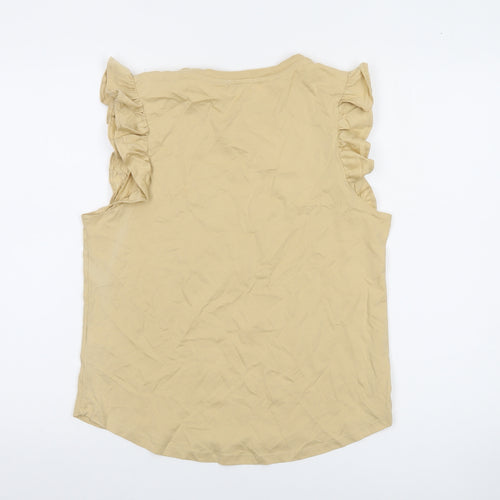 River Island Petite Beige Ruffle Sleeve Graphic T-Shirt Womens Size 12