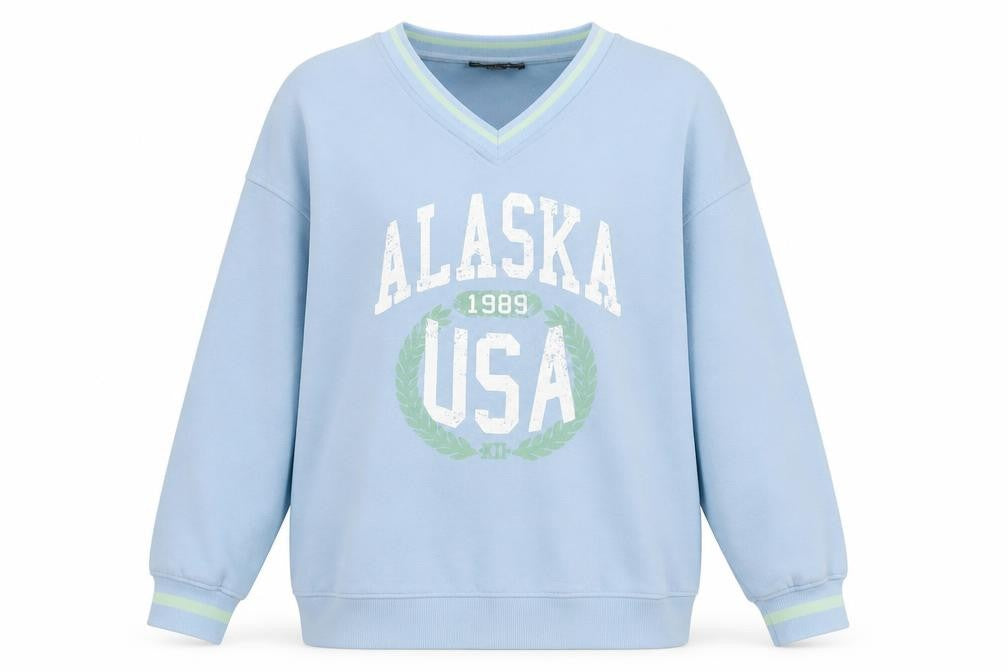Primark Women Blue V-Neck Alaska USA Graphic Sweatshirt Size M