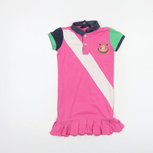 Ralph Lauren Girls Pink Polo Dress Size 5 Short Sleeve Collared Pleated Hem