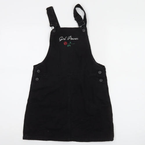 Forever 21 Girls Black Cotton Pinafore Dress 13-14 Years Adjustable 'Girl Power'