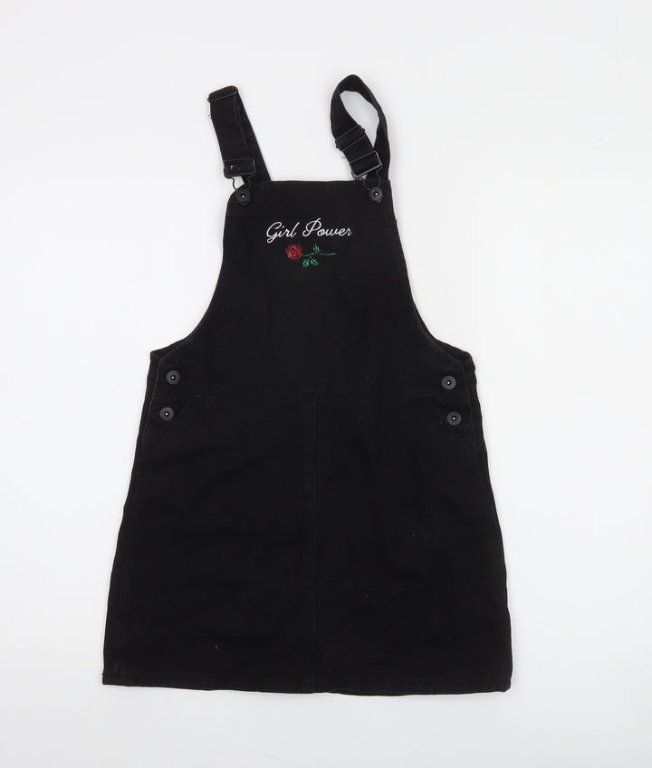 Forever 21 Girls Black Cotton Pinafore Dress 13-14 Years Adjustable 'Girl Power'
