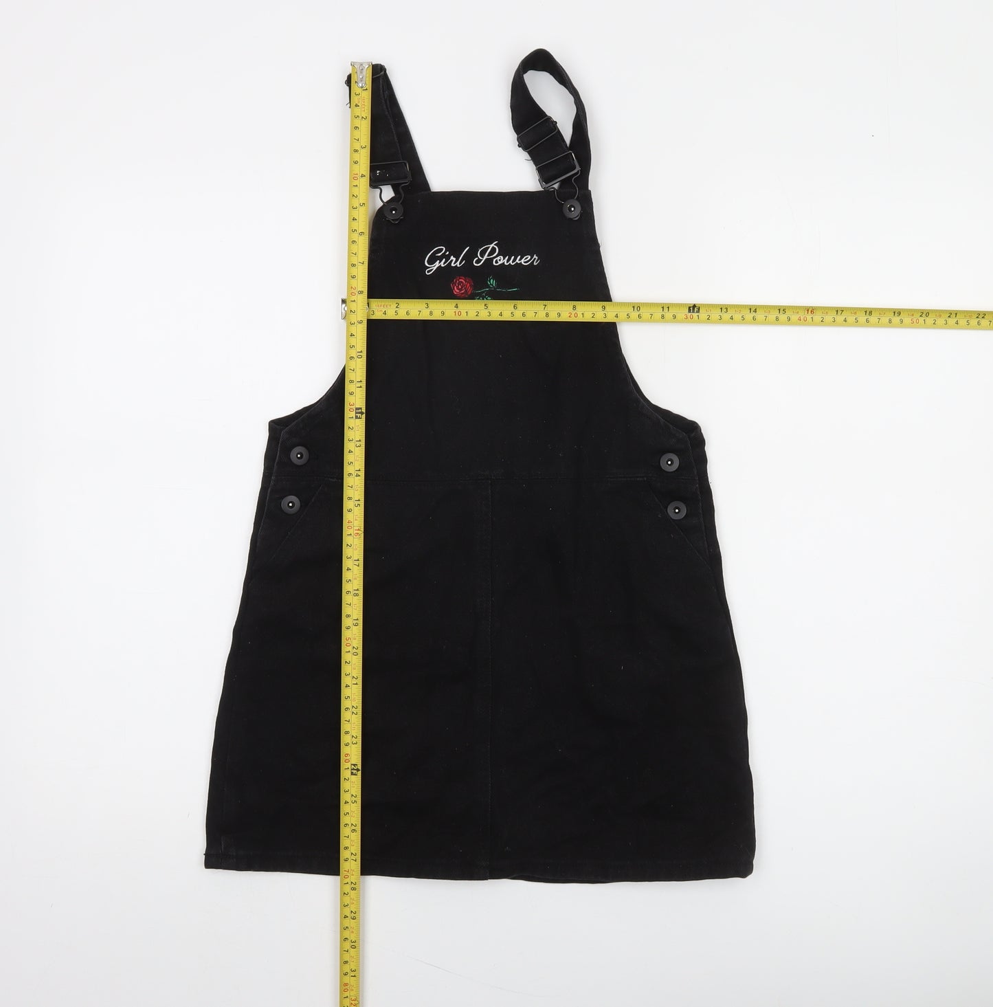 Forever 21 Girls Black Cotton Pinafore Dress 13-14 Years Adjustable 'Girl Power'
