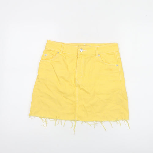 Topshop Women Yellow Denim Mini Skirt UK 8 Frayed Hem Casual