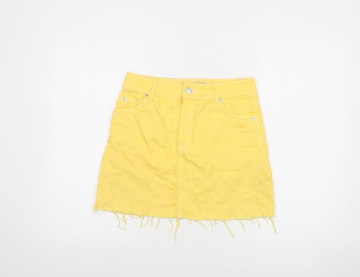 Topshop Women Yellow Denim Mini Skirt UK 8 Frayed Hem Casual