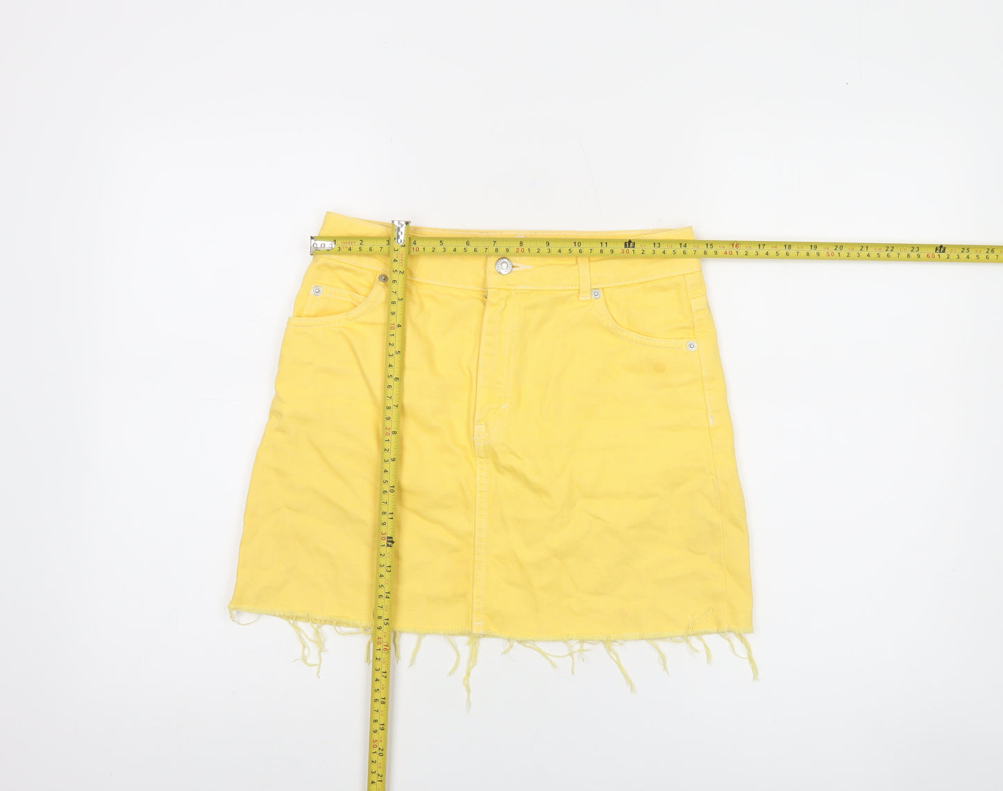 Topshop Women Yellow Denim Mini Skirt UK 8 Frayed Hem Casual