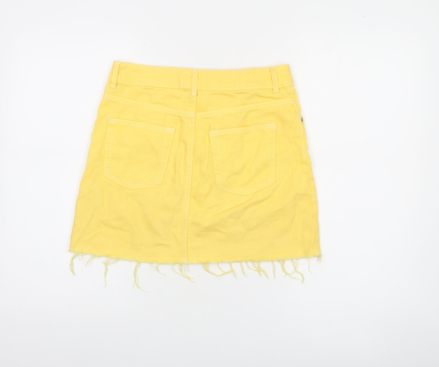 Topshop Women Yellow Denim Mini Skirt UK 8 Frayed Hem Casual