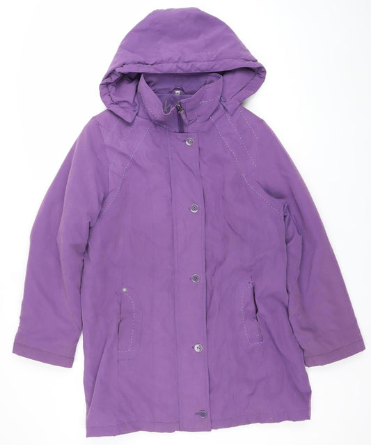 Front view of Klass Collection Women’s Purple Hooded Rain Jacket, size M, Mid-Length Water Resistant