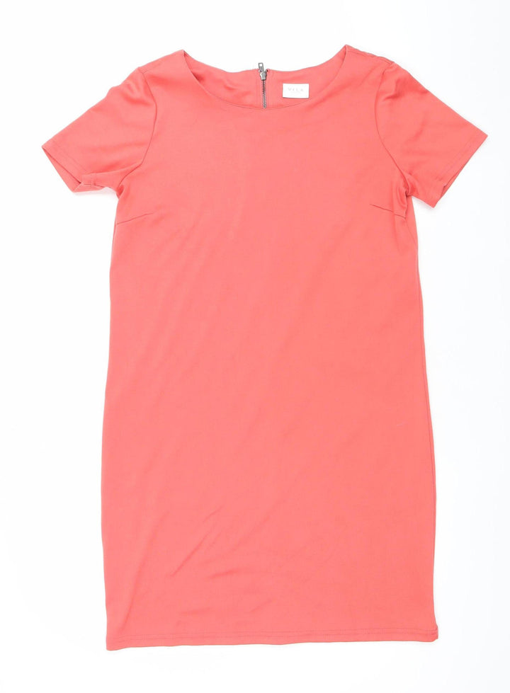 Vila Women's Pink Shift Knee Length Short Sleeve Dress S