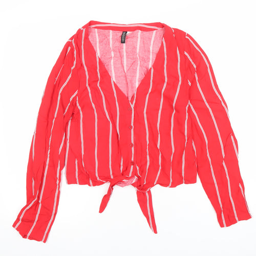 H&M Divided Women Red Striped Cropped Viscose Blouse UK 8