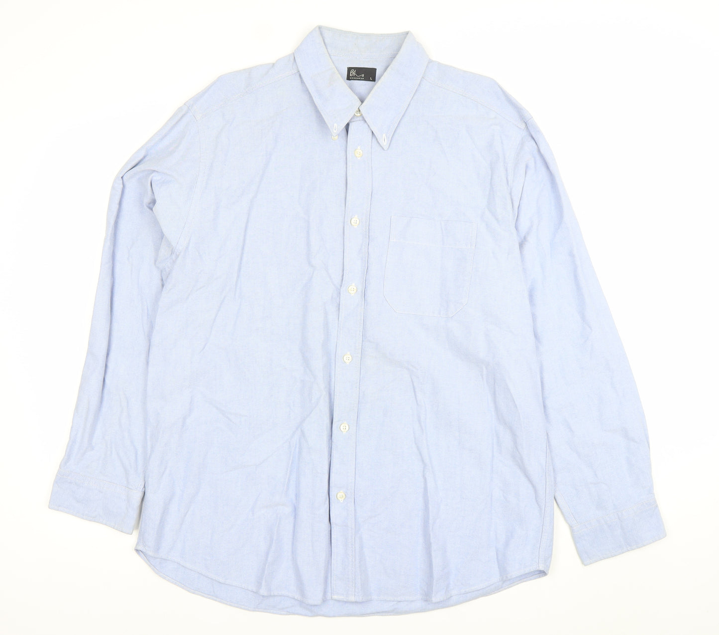 BHS Mens Blue Long Sleeve Cotton Button-Down Dress Shirt Size L