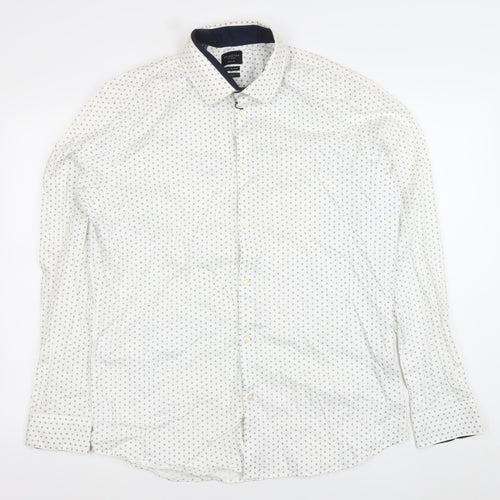 SELECTED HOMME Men's White Slim Fit Easy Iron Geometric Print Dress Shirt M