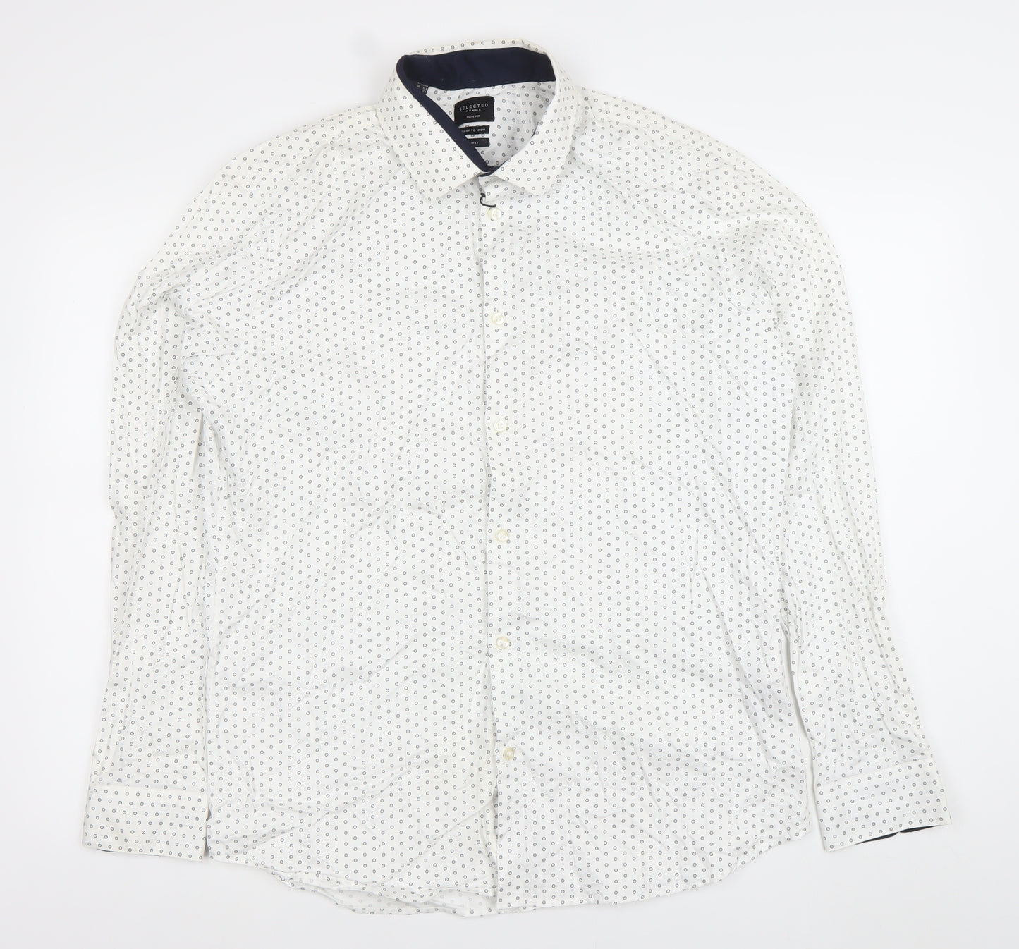 SELECTED HOMME Men's White Slim Fit Easy Iron Geometric Print Dress Shirt M