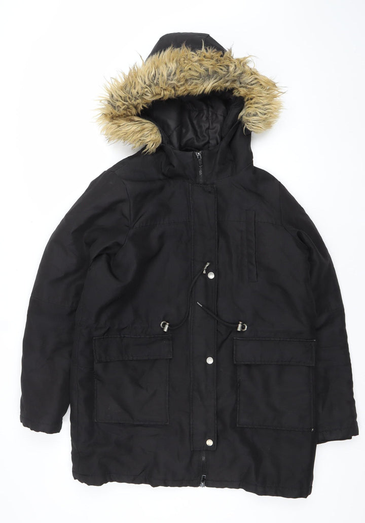 Noisy May Women's Black Faux Fur Hooded Parka Coat Size M