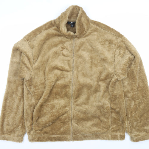 H&M Women Beige Faux Fur Fleece Zip Jacket Size 14 Relaxed Fit