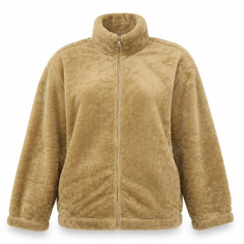 H&M Women Beige Faux Fur Fleece Zip Jacket Size 14 Relaxed Fit