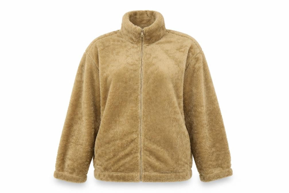 H&M Women Beige Faux Fur Fleece Zip Jacket Size 14 Relaxed Fit