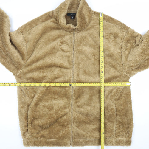 H&M Women Beige Faux Fur Fleece Zip Jacket Size 14 Relaxed Fit