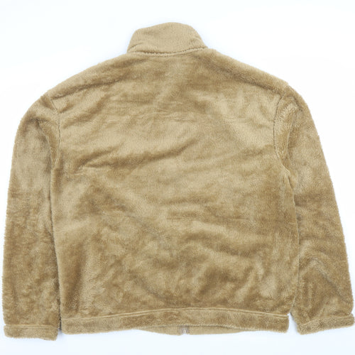 H&M Women Beige Faux Fur Fleece Zip Jacket Size 14 Relaxed Fit