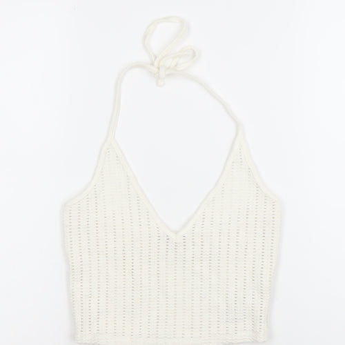 Bershka Womens Ivory Cropped Knit Halter Tank Top M
