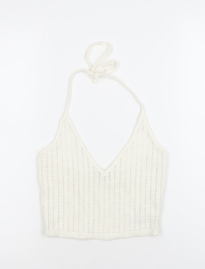 Bershka Womens Ivory Cropped Knit Halter Tank Top M