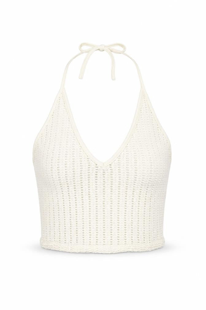 Bershka Womens Ivory Cropped Knit Halter Tank Top M