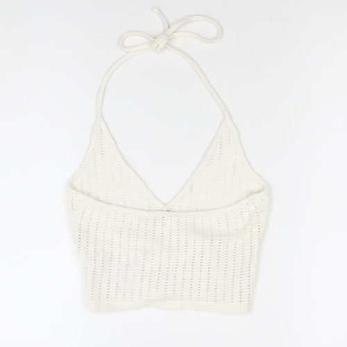 Bershka Womens Ivory Cropped Knit Halter Tank Top M