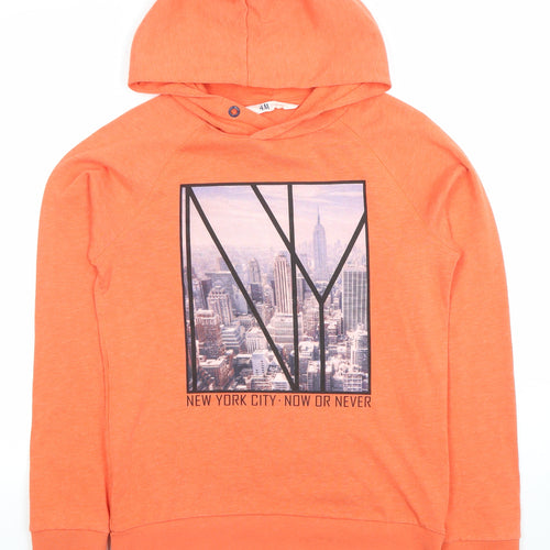 H&M Boys Orange Graphic Pullover Hoodie Size 12-14 Years Cotton Blend