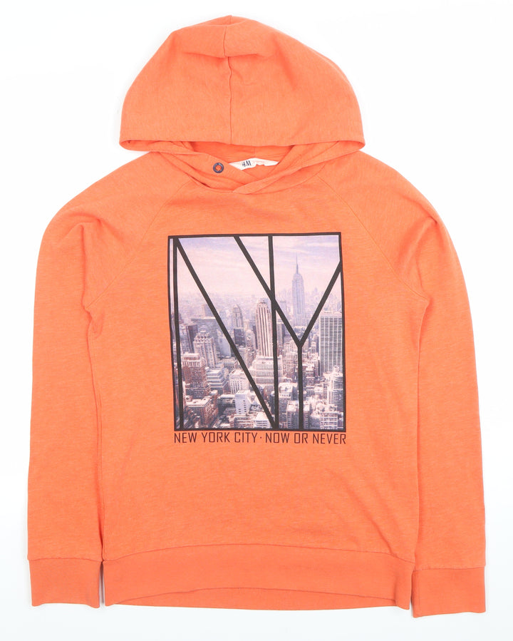 H&M Boys Orange Graphic Pullover Hoodie Size 12-14 Years Cotton Blend