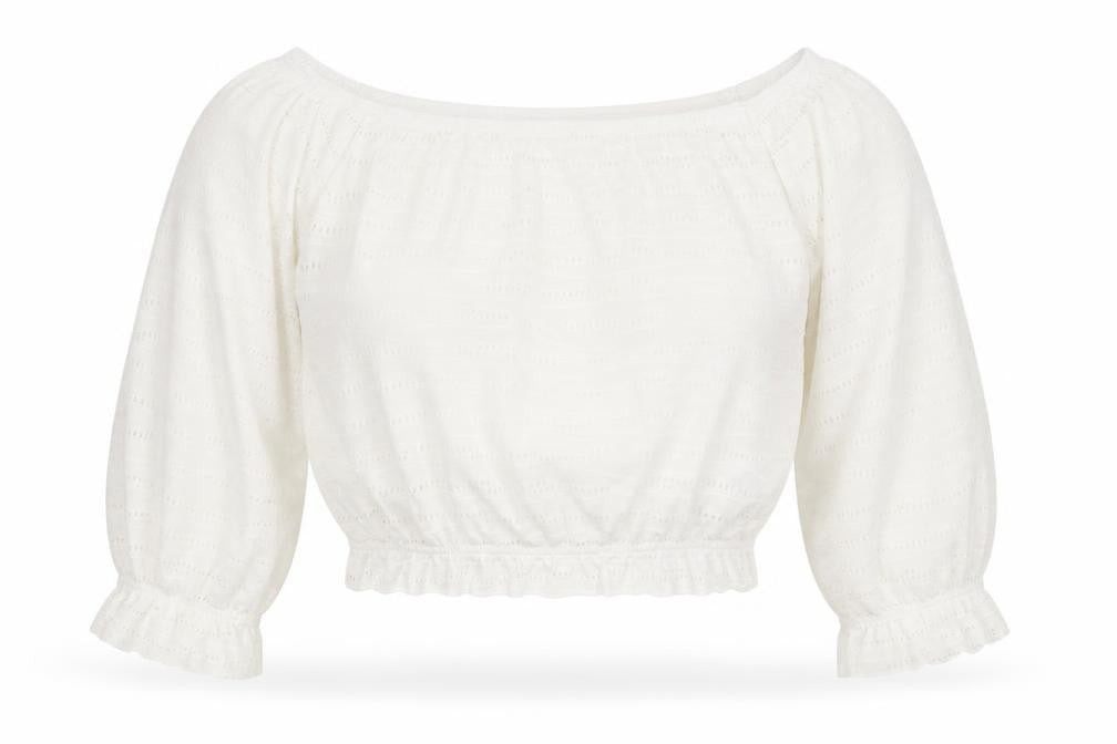 Front view of Only women’s white xs off shoulder cropped lace blouse