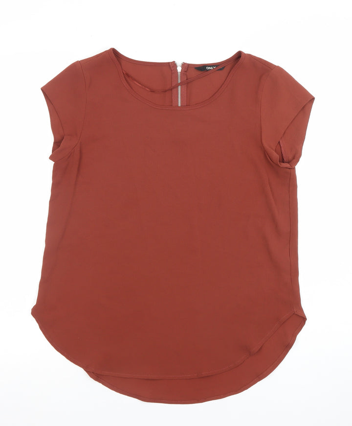 ONLY Women’s Brown Short Sleeve Zip Back Blouse Size 6