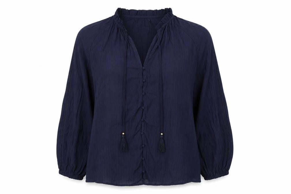 Front view of Gallery Women Navy Blue Long Sleeve Button-Up Blouse XL