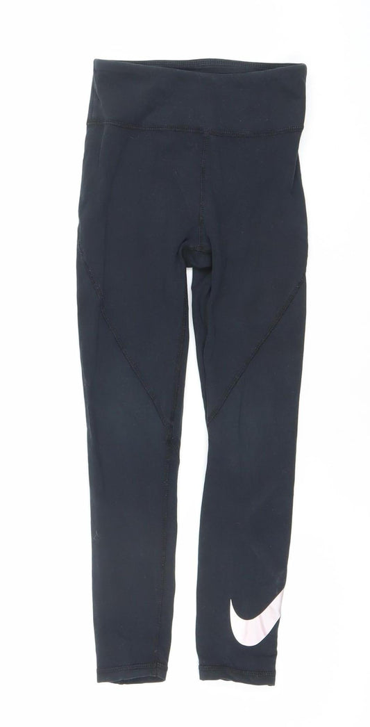 Front view of Nike girls’ black ankle leggings, size 8-9, years activewear