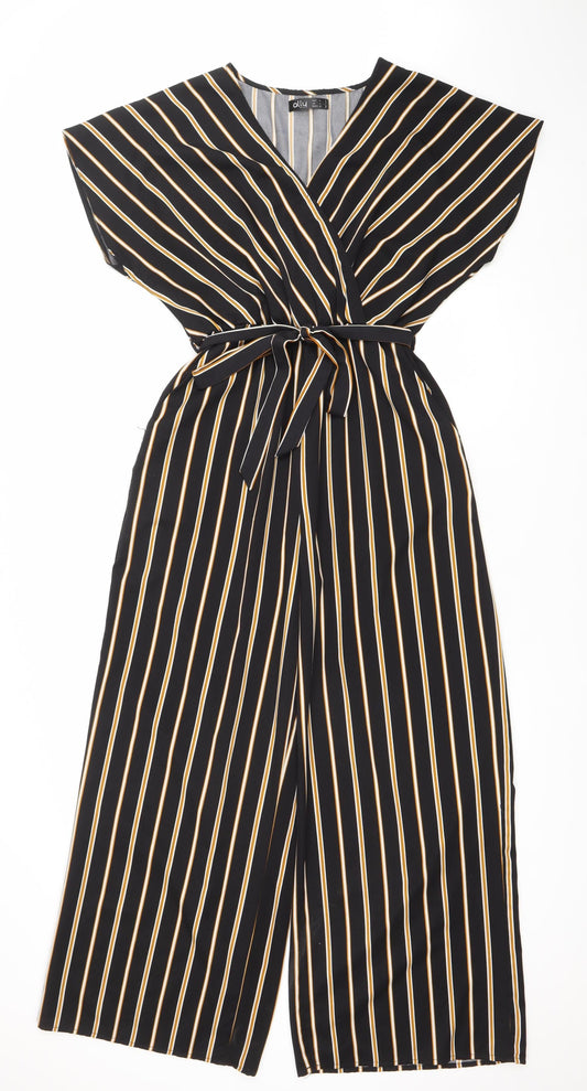 Ally Fashion Women’s Black Striped Wide-Leg Jumpsuit Size 8 Belted V-Neck