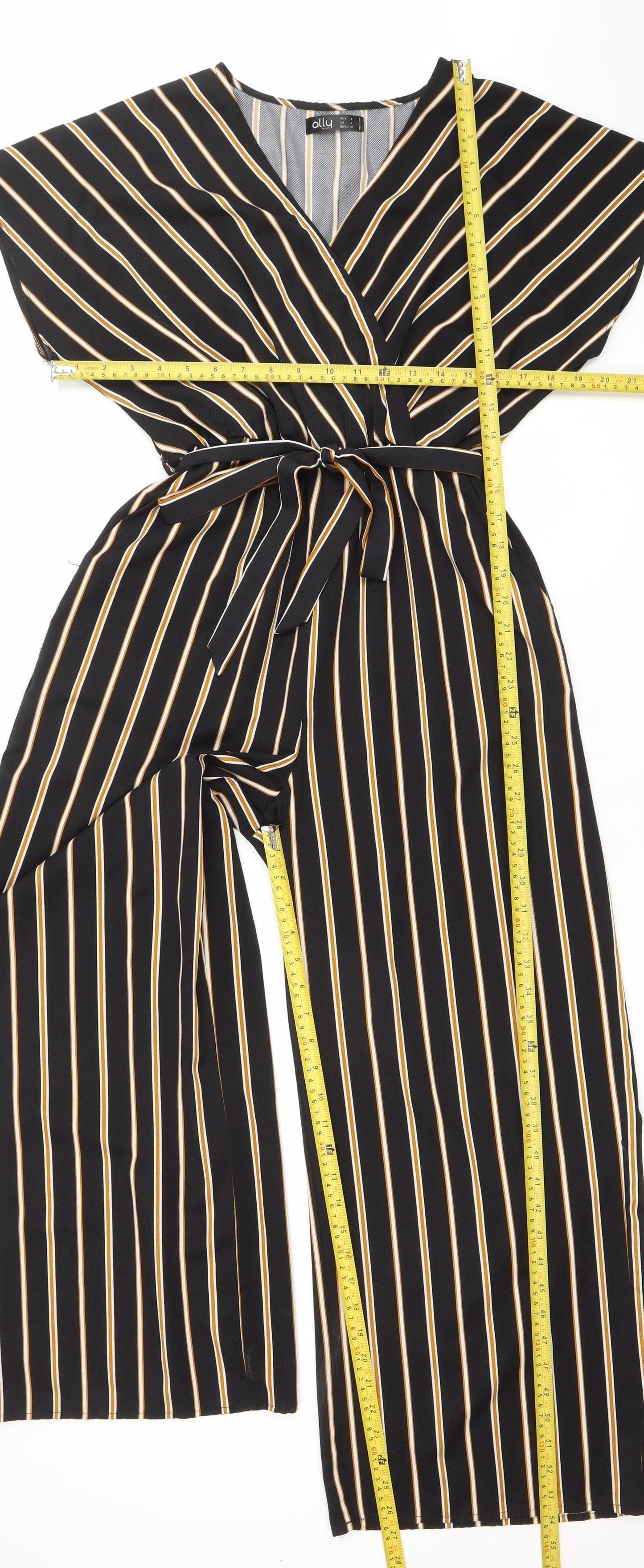 Ally Fashion Women’s Black Striped Wide-Leg Jumpsuit Size 8 Belted V-Neck