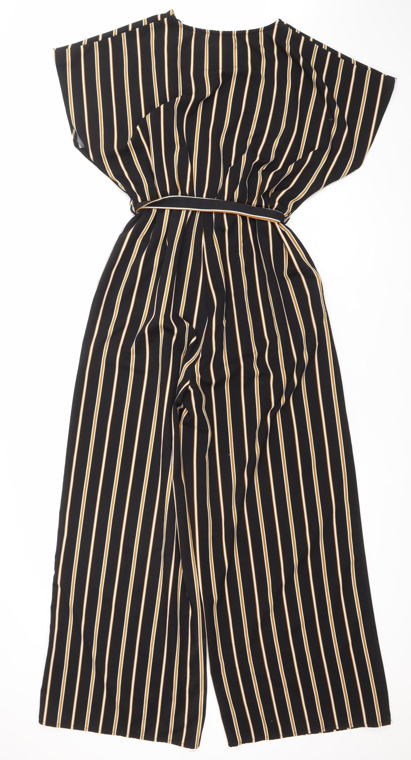 Ally Fashion Women’s Black Striped Wide-Leg Jumpsuit Size 8 Belted V-Neck